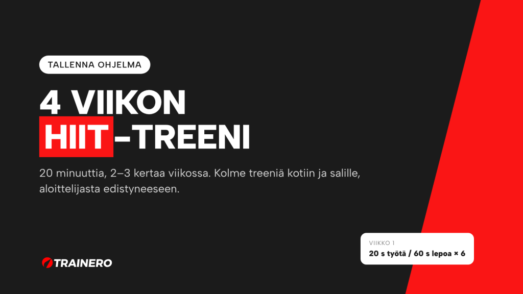 4 viikon HIIT-treeni: 20 sekuntia työtä ja 60 sekuntia lepoa, 6 kierrosta